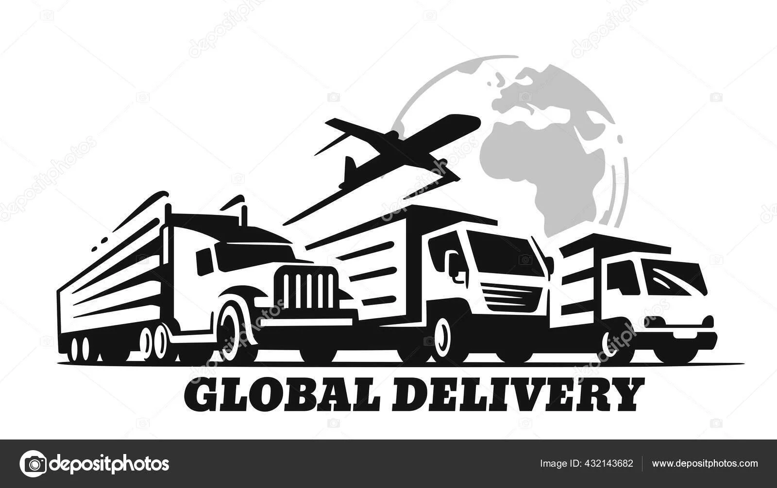 Black and white illustration of various delivery trucks and an airplane with the Earth in the background and the text 'Global Delivery' at the bottom.