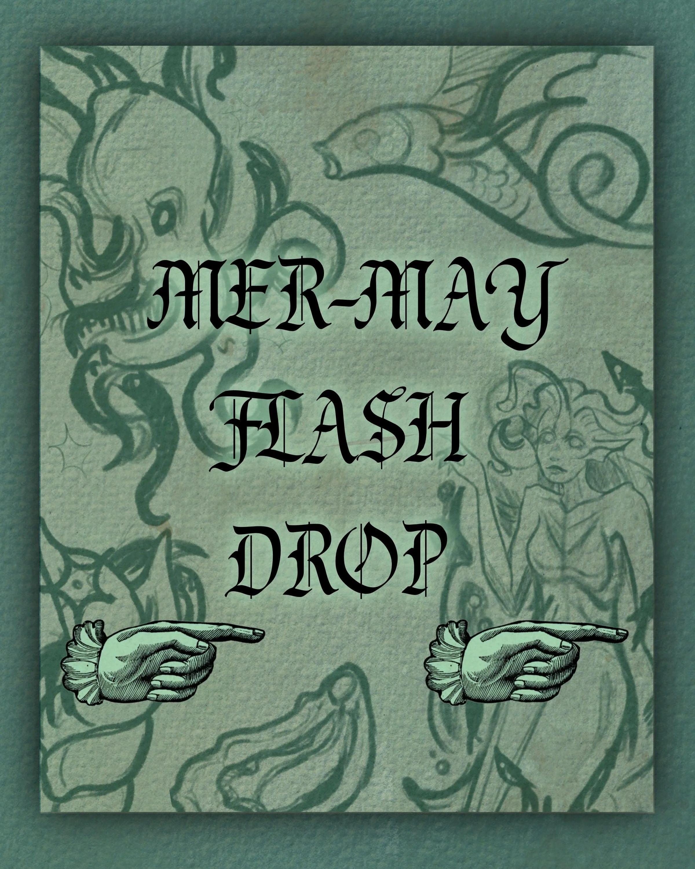 🧜&zwj;♀️🐚AHOY! MER-MAY FLASH DROP🌊🐙
🫧 
Only a little late on this drop but they are finally here!
All of these designs are available for b/g or color!
&bull;
Please shoot me an email to folkfigment@gmail.com claim any designs! 
Swipe for pricing