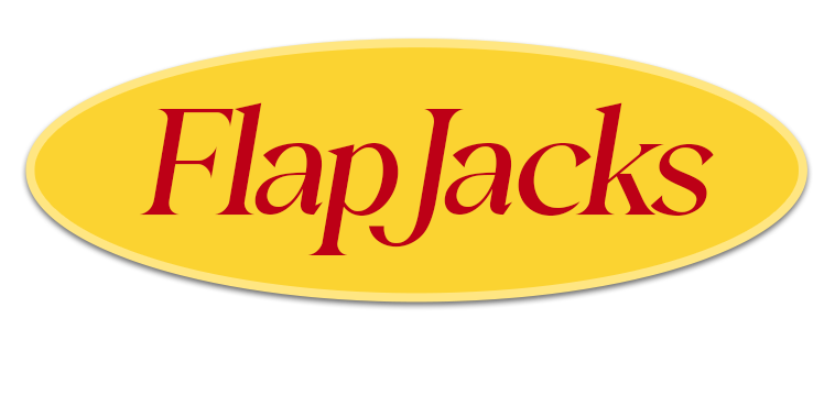 FlapJacks logo with yellow oval background and red text