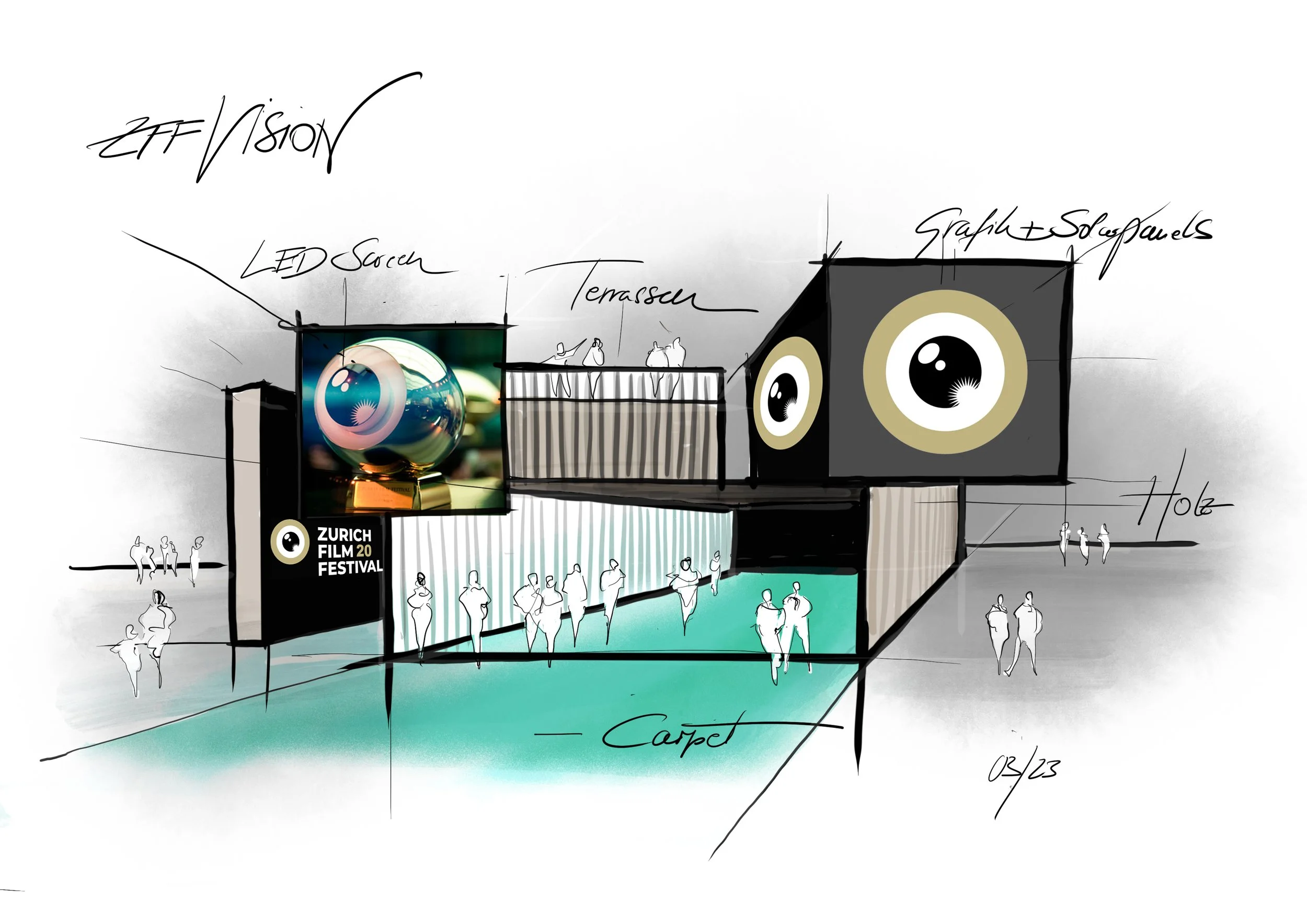 Sketch of a modern event venue for Zurich Film Festival featuring an LED screen, terrace, graphics and sound panels, large eye-like logos, a wooden element, a carpeted area, and people silhouettes around the space.