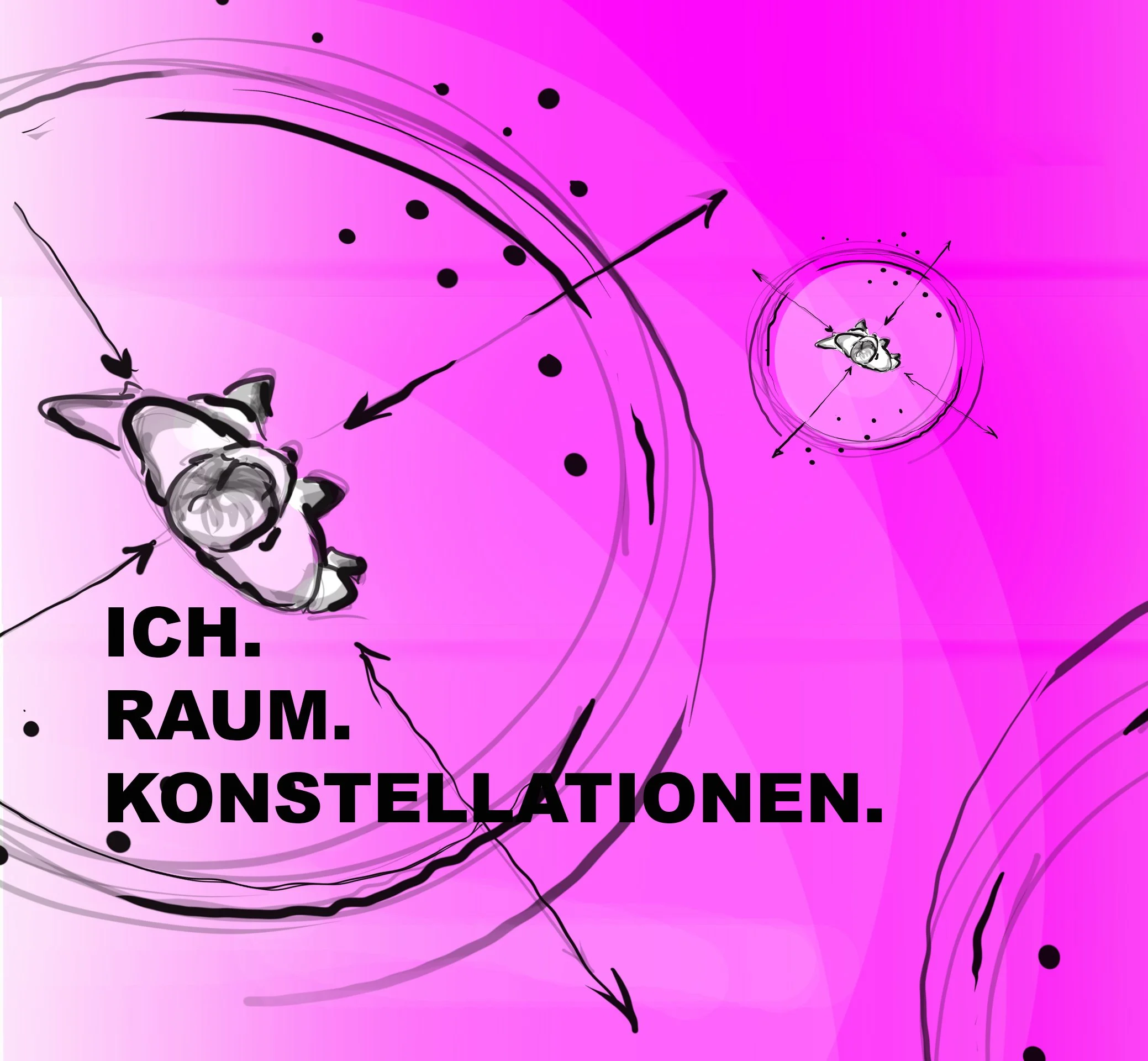 Abstract illustration with pink and purple background, black lines, and diagrams of star constellations. The text 'ICH. RAUM. KONSTELLATIONEN.' is prominently displayed in bold black letters.