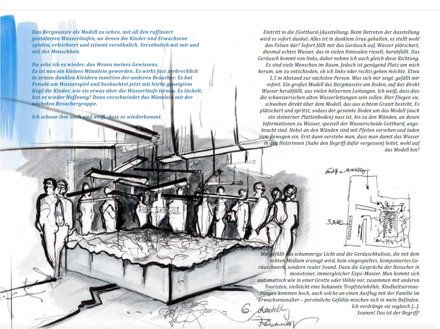 Sketch of water exhibit with a model of a mountain pass and visitors observing it, accompanied by German text describing the exhibit and experience.