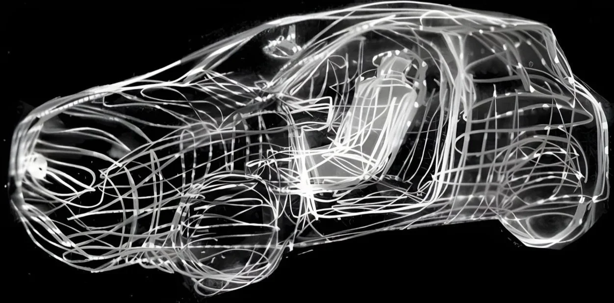 A wireframe-style digital illustration of a sports car with glowing white lines on a black background.