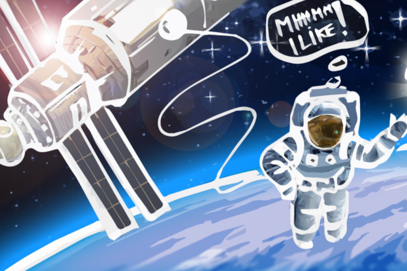 An astronaut floating in space near the International Space Station, with a speech bubble saying 'Mmm... I like!'