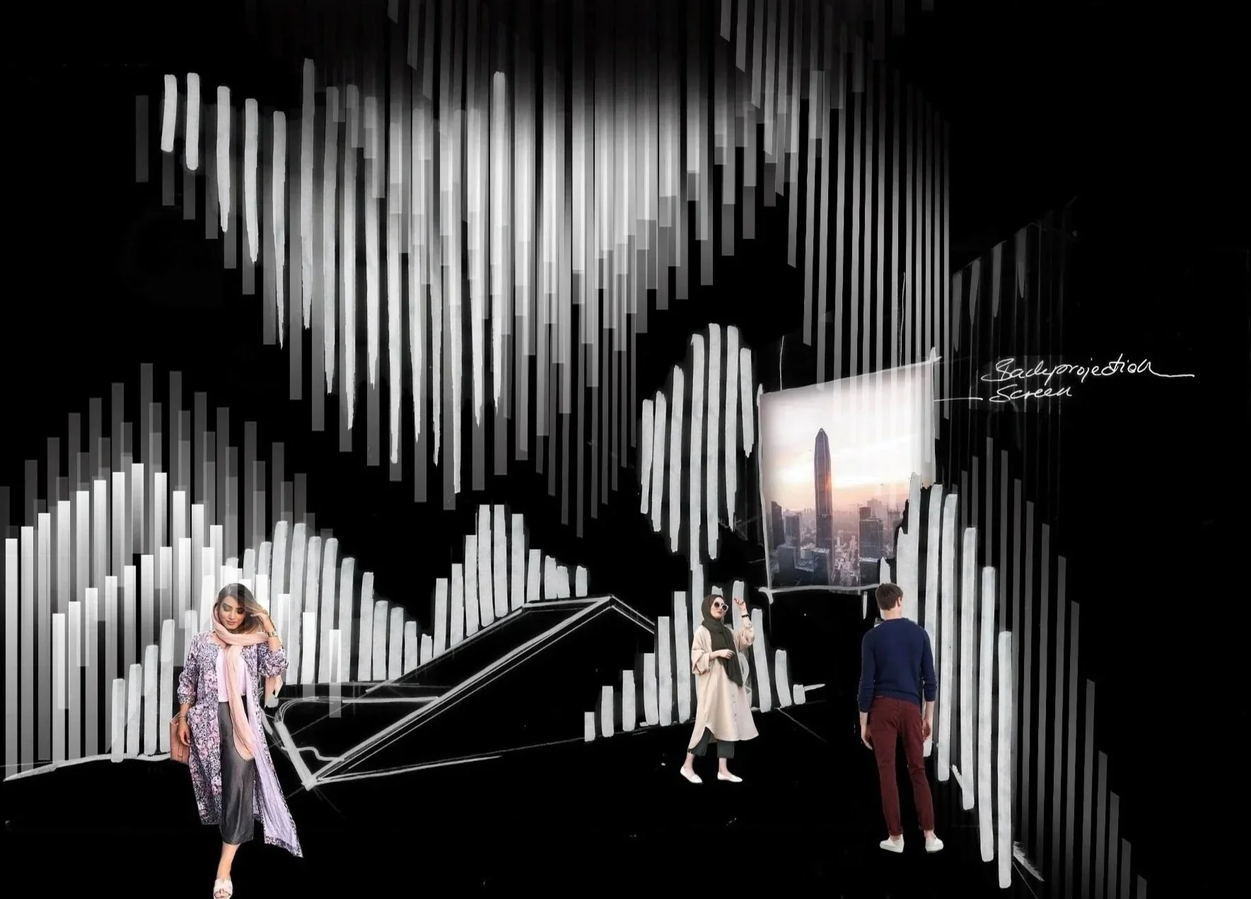 Interior of a modern lounge or gallery with black walls decorated with vertical white and gray abstract shapes. Four people are inside, two women and two men, one woman wearing sunglasses and a beige coat, another woman with a pink scarf and a printed dress, a man in a navy blue sweater, and another man in a maroon pants. There is a large image of a city skyline with buildings, including a tall, narrow skyscraper, on a screen or window. Handwritten notes say 'Sadprojechion screen'.