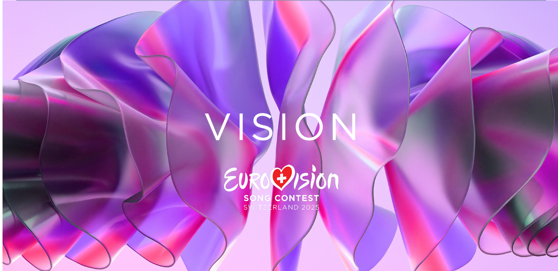 Abstract colorful ribbon-like shapes in shades of purple, pink, and blue with the text 'VISION' and Eurovision Switzerland 2025 song contest logo.