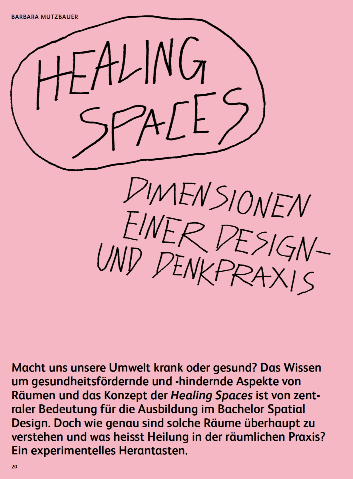 Book cover in German titled "Healing Spaces" by Barbara Mutzbauer, with a pink background and black handwritten style text explaining the concept of healing spaces and their importance in design and therapy.