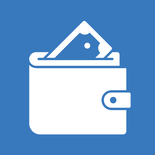 Icon of a wallet with cash inside on a blue background.