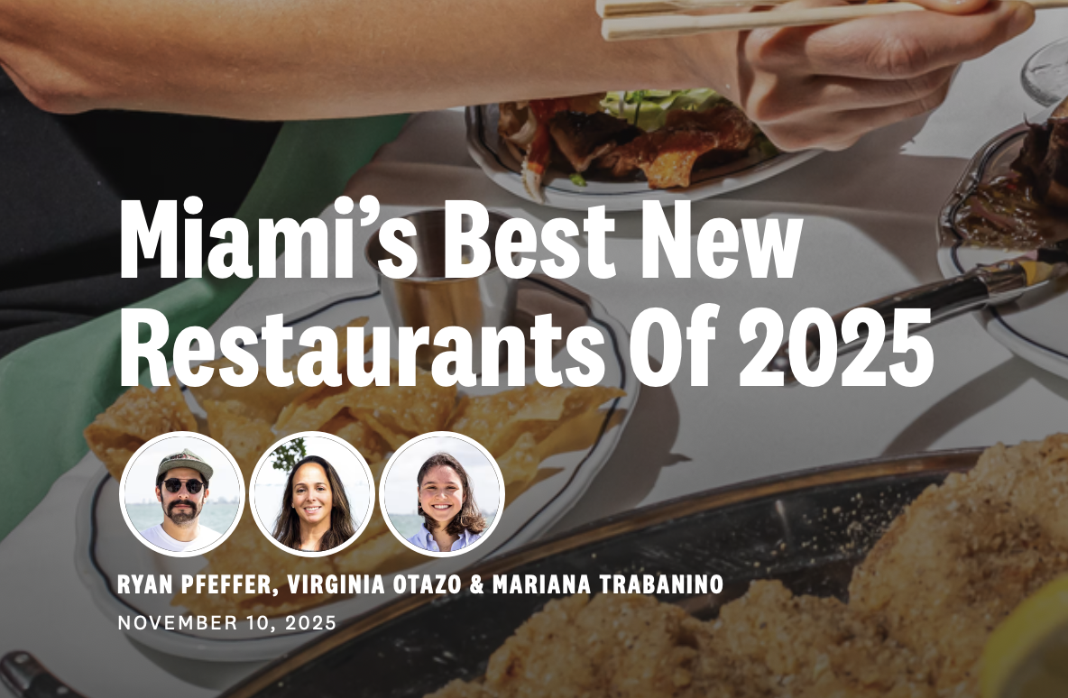 Close-up of a table with plates of fried food and other dishes, featuring hands reaching for food, overlaid with text about Miami's best new restaurants of 2025.