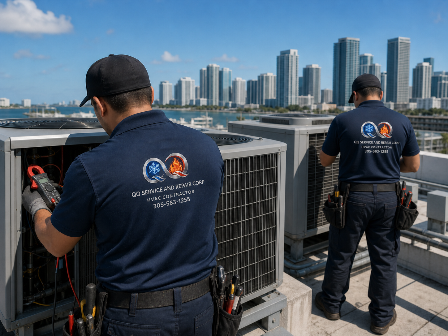 QQ Service and Repair Corp. technicians servicing commercial rooftop HVAC equipment in Miami