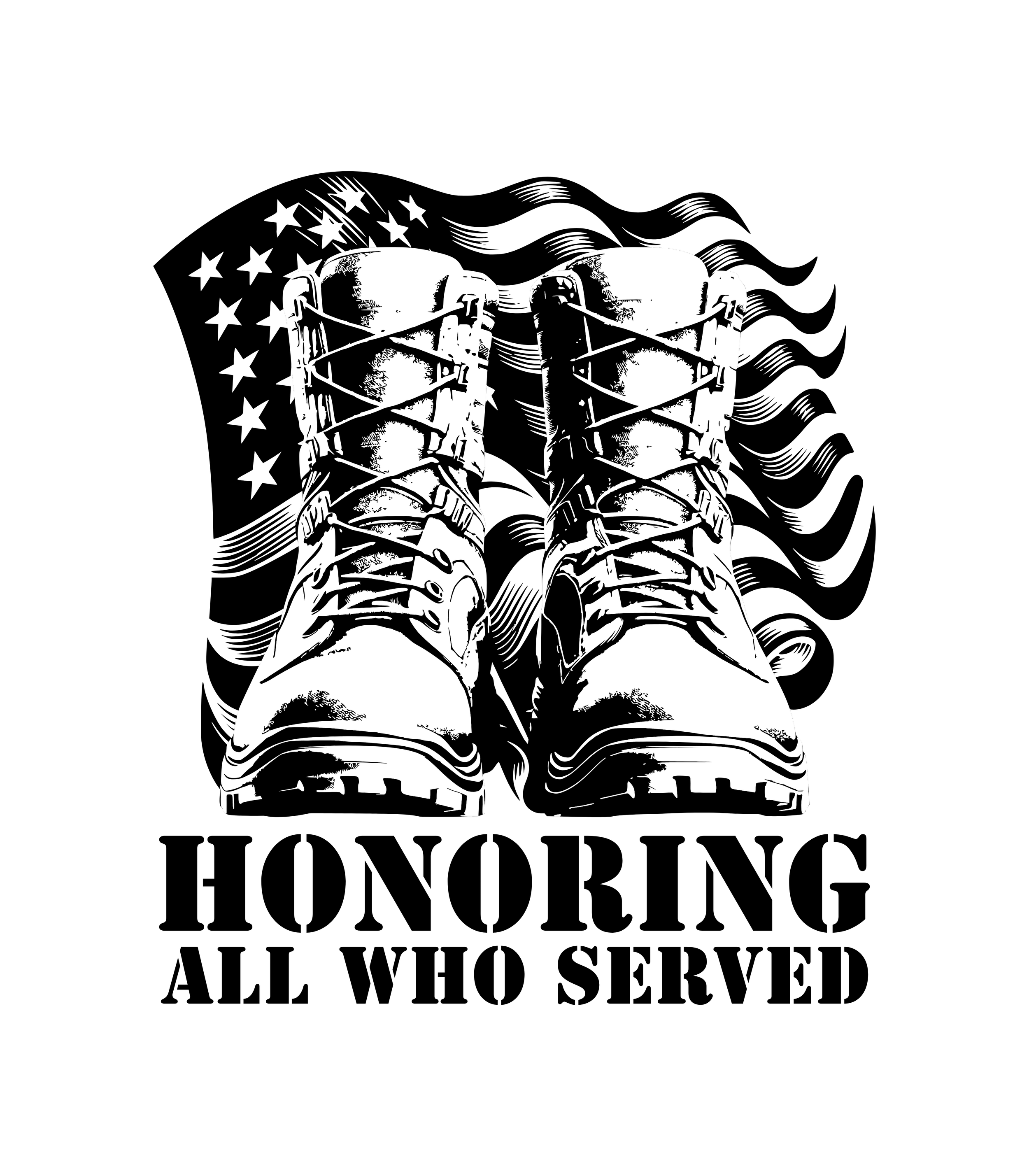 Black and white illustration of a pair of hiking boots viewed from the front against a black background.