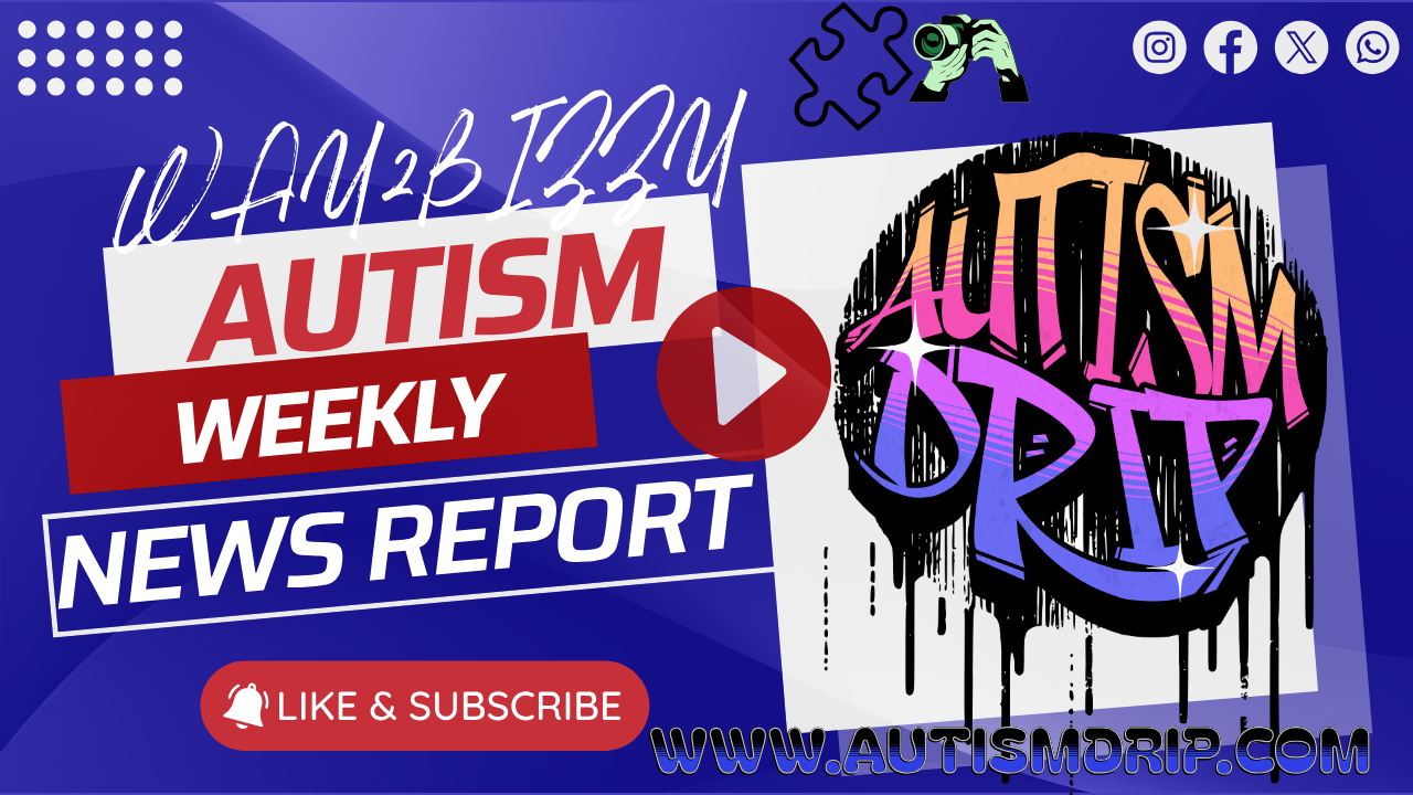 Digital graphic promoting Autism Weekly News Report featuring colorful graffiti-style text 'Autism Drop' and an illustration of a person with a camera, social media icons, and website URL autismdrop.com.