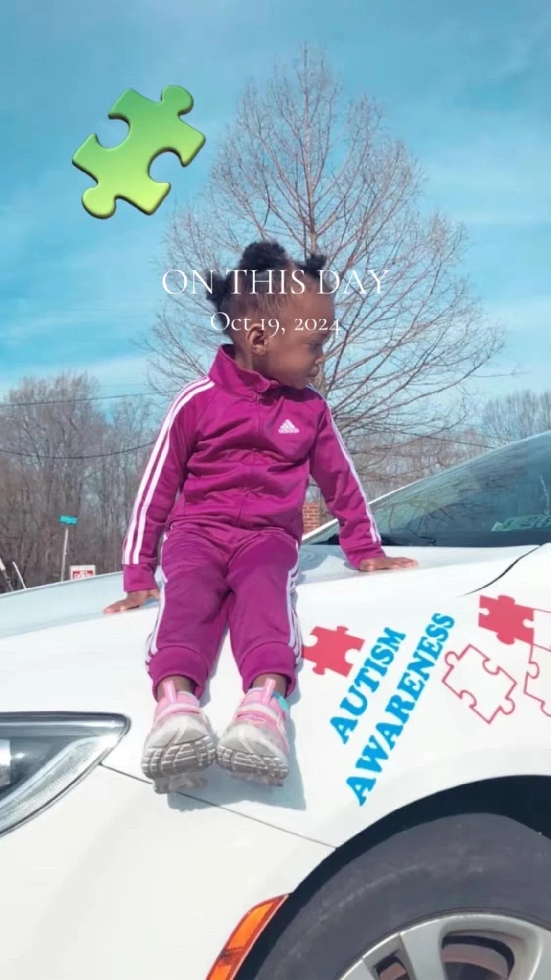 A young girl in a pink tracksuit sitting on the hood of a white car with the words 'Autoism Awareness' and puzzle piece graphics, with a background of trees and a clear sky, on October 19, 2024.