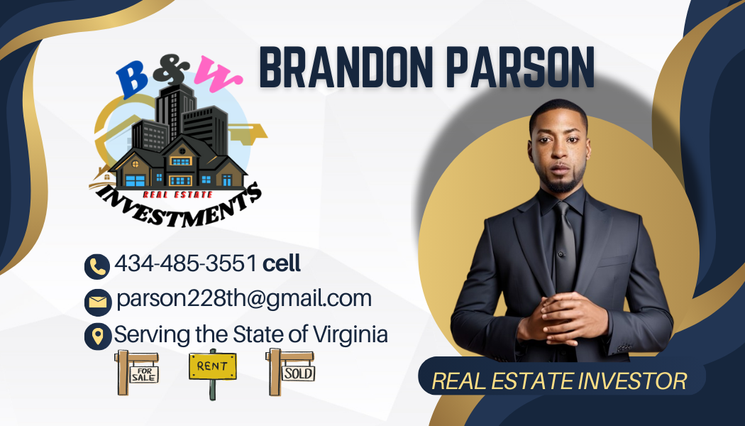 Business card for Brandon Parson, a real estate investor. It features a logo with a house, buildings, and a dollar sign, and includes contact information such as a phone number, email address, and service area in Virginia. The card also displays icons of a 'for sale' sign, a 'rent' sign, and a 'sold' sign, and a professional photograph of Brandon Parson in a suit.