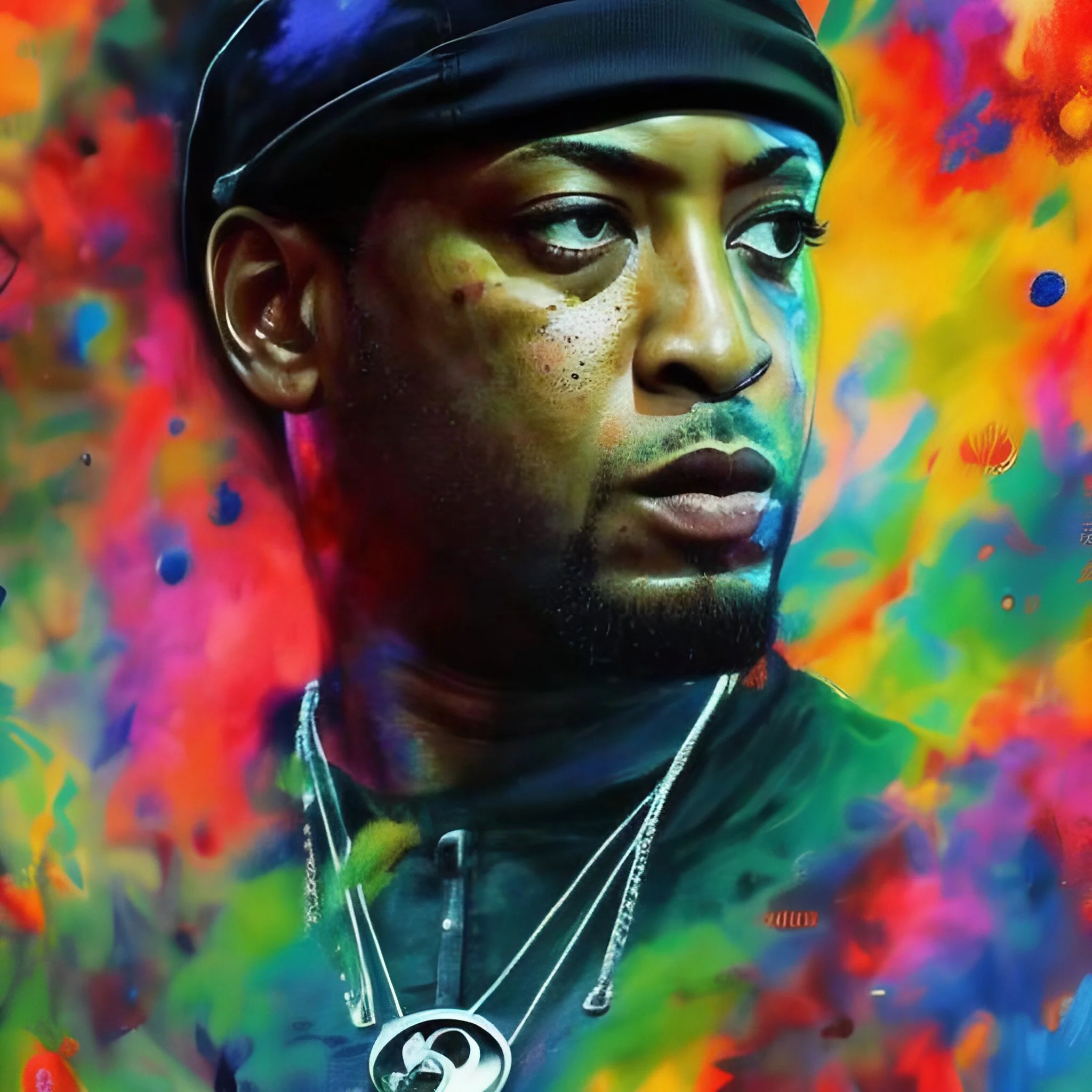 Close-up of a person with colorful face paint and multiple necklaces, wearing a black head covering, against a vibrant, paint-splattered background.