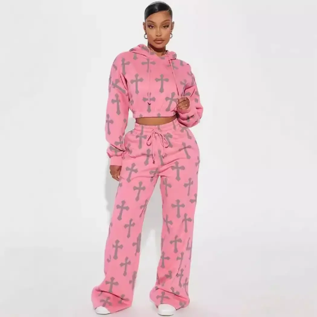 Women's Peach Pink Cross Print Sweatshirt and Pants Set