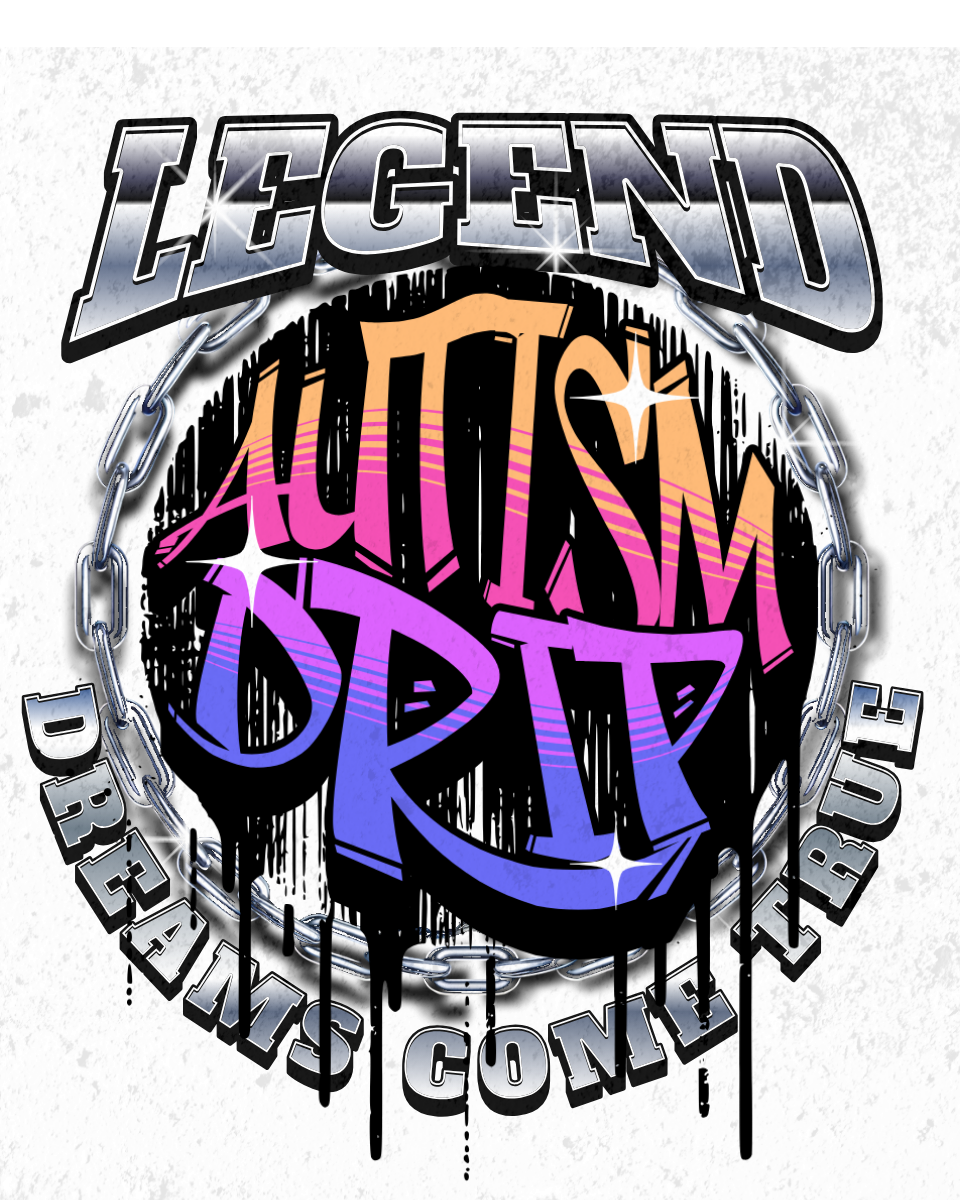 Graffiti-style text reading 'Legend Autism Drip' surrounded by a chain on a textured background with words 'Dreams' and 'Control' at the bottom.