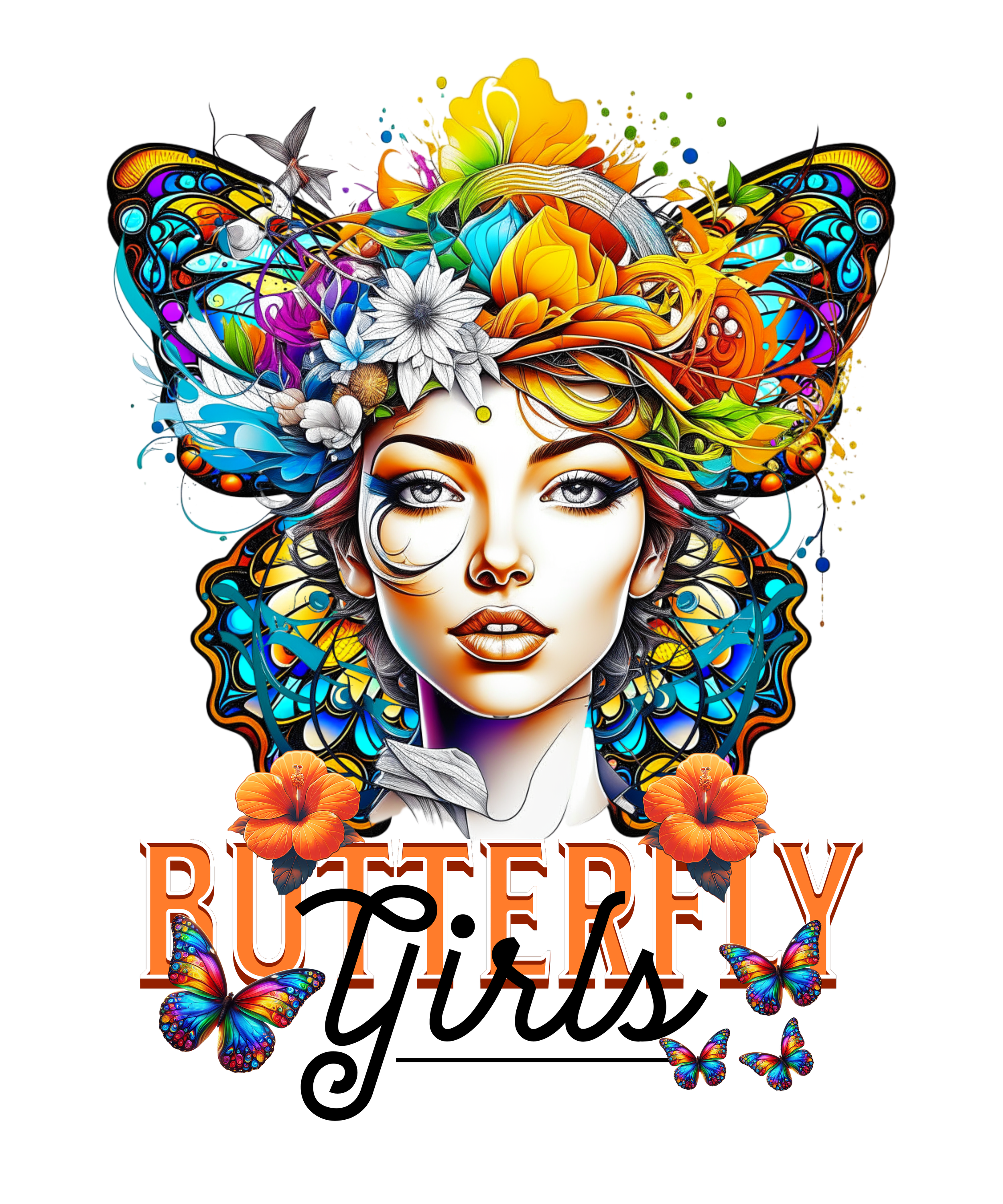 An artistic digital illustration of a woman's face with vibrant, floral and butterfly elements forming her hair, and the word 'BUTTERFLY' displayed at the bottom.