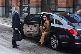 A woman sits on the open door of a black luxury car parked on a city street, while a man in a suit stands nearby holding a briefcase, engaging in conversation.