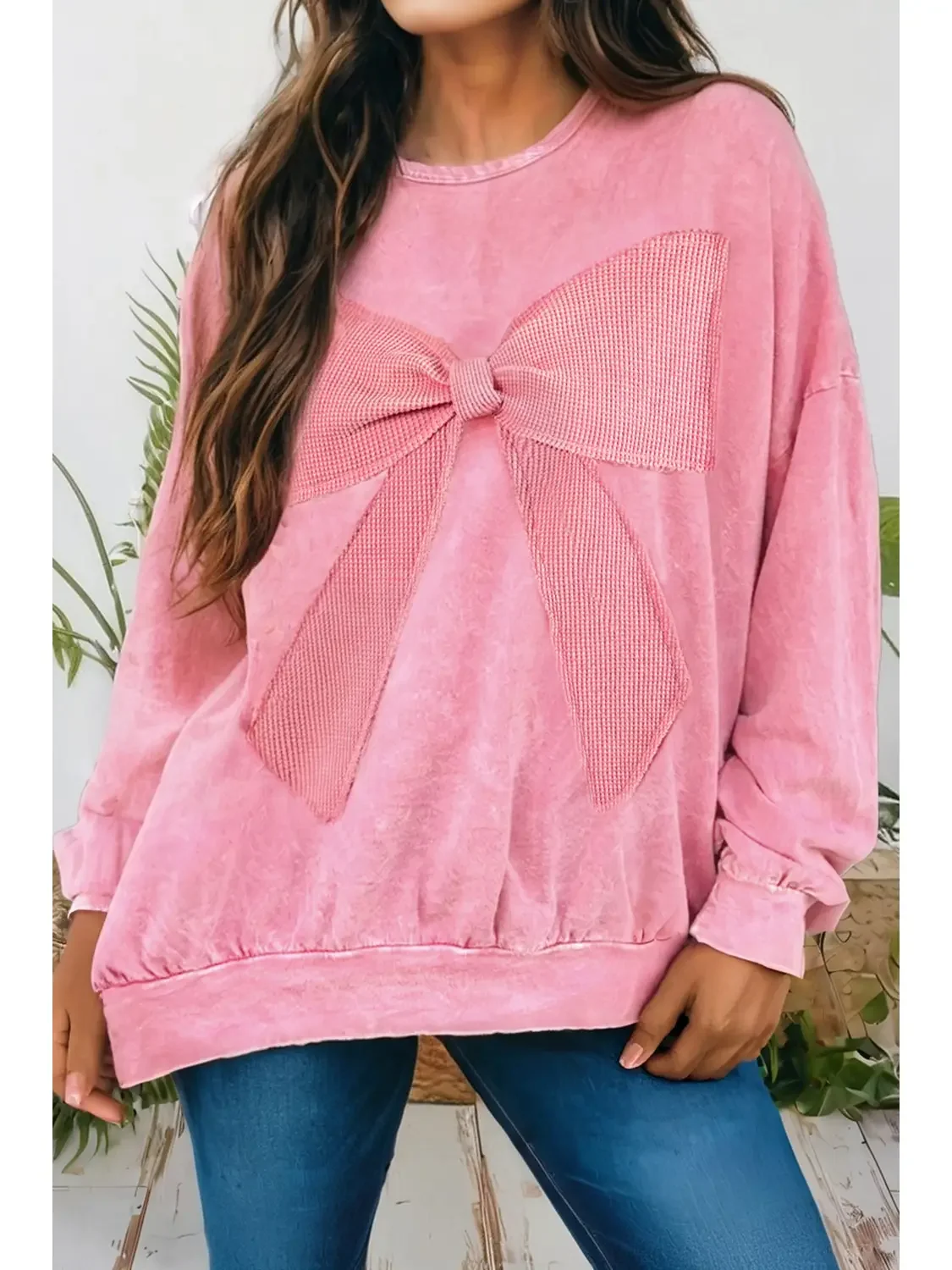 Mineral Wash Bow Patchwork Waffle Plus Sweatshirt