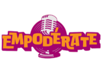 Logo for the podcast 'EmBoldErate' featuring a pink and purple microphone with the title in bold pink letters.