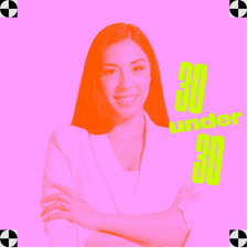 A woman with long dark hair smiling, against a pink background with green text that says "30 under 30".
