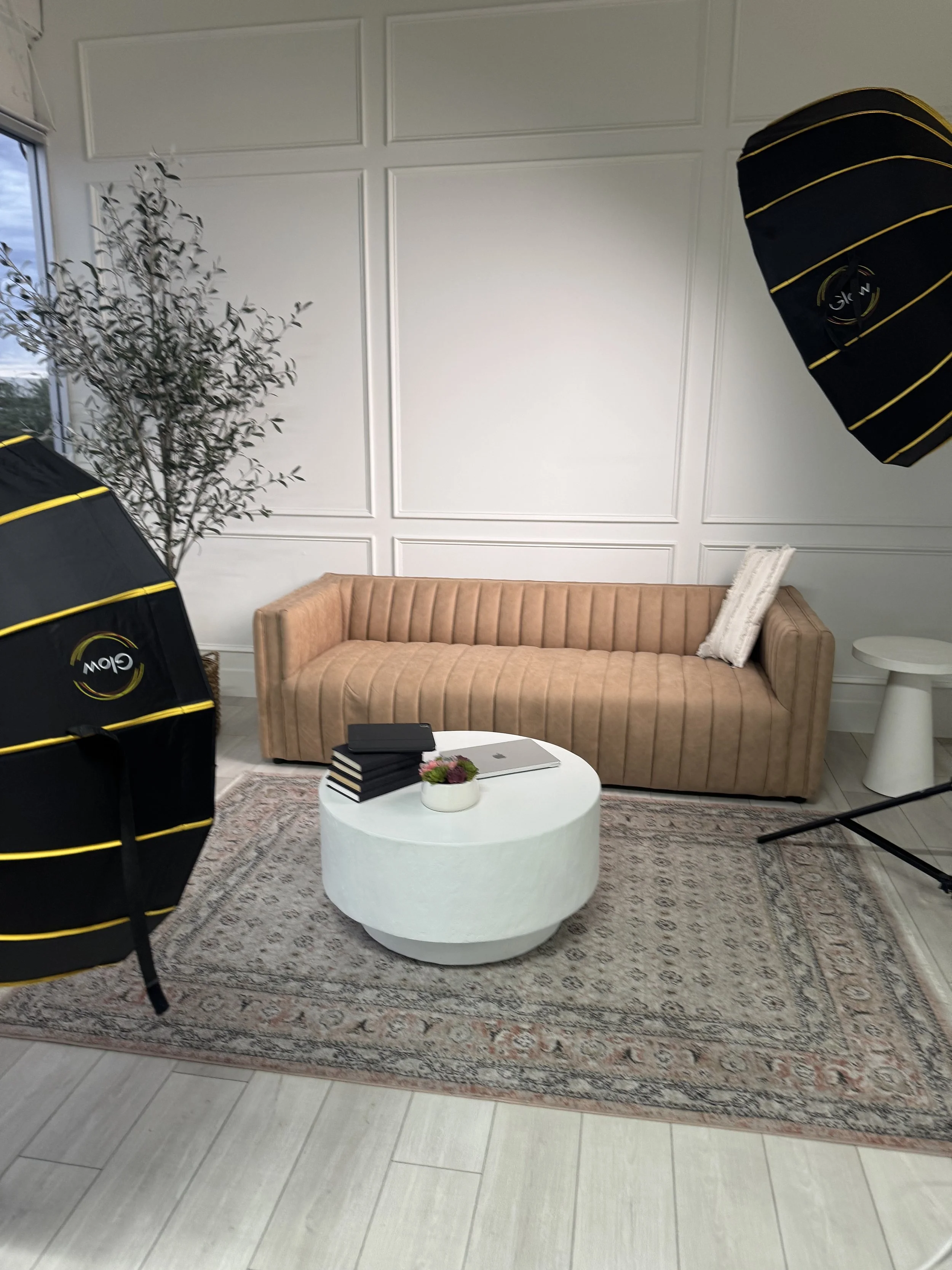 A cozy living room setup with a peach-colored velvet sofa, a white oval coffee table with a laptop, books, and a small plant, a vintage patterned rug, and professional photography lighting equipment directed at the sofa. A white wall with decorative paneling and a window showing an outside view is visible in the background.