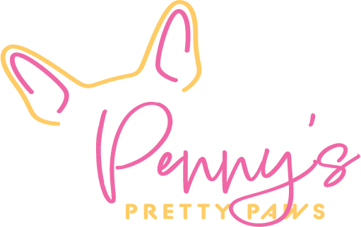 Logo with the outline of a dog's face with large ears, the word "Penny's" in pink cursive, and "Pretty Paws" in smaller yellow letters below.