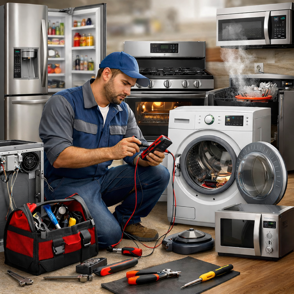 A repair technician working on a washing machine in a kitchen, surrounded by various tools and appliances.