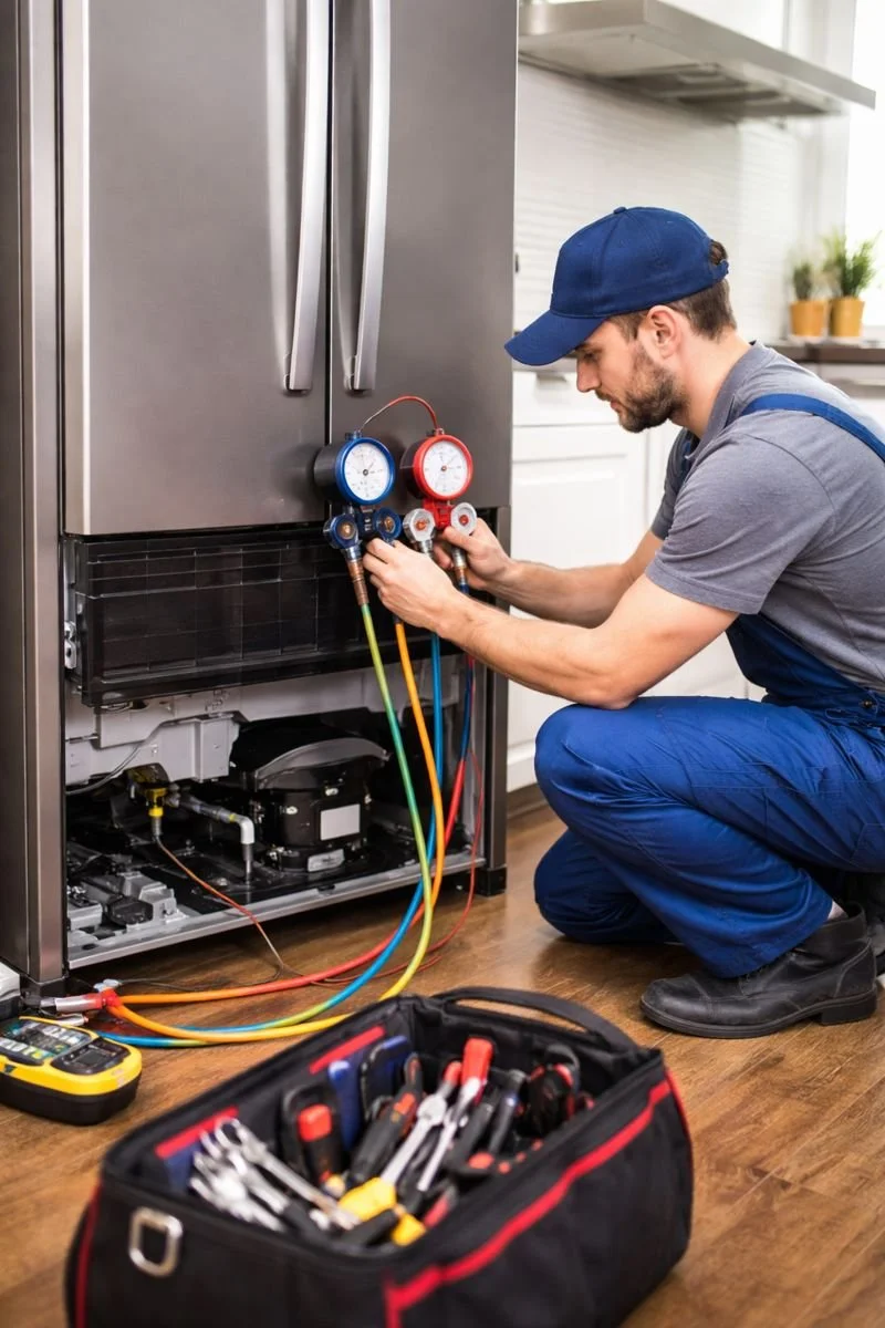 A technician wearing a blue uniform and cap is kneeling and working on a refrigerator using manifold gauges. There is a toolbox with various tools nearby on a wooden floor.