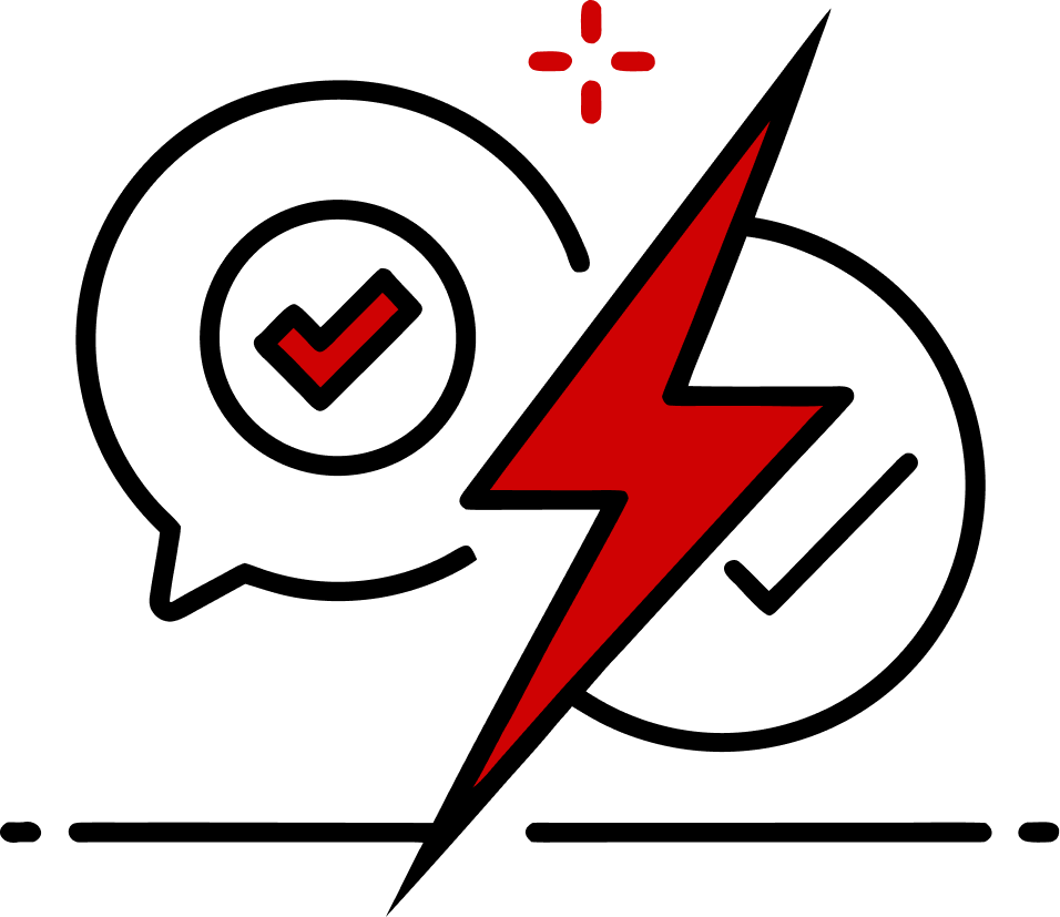 Graphic depicting two checkmarks, one red lightning bolt, and symbols representing electricity or power.