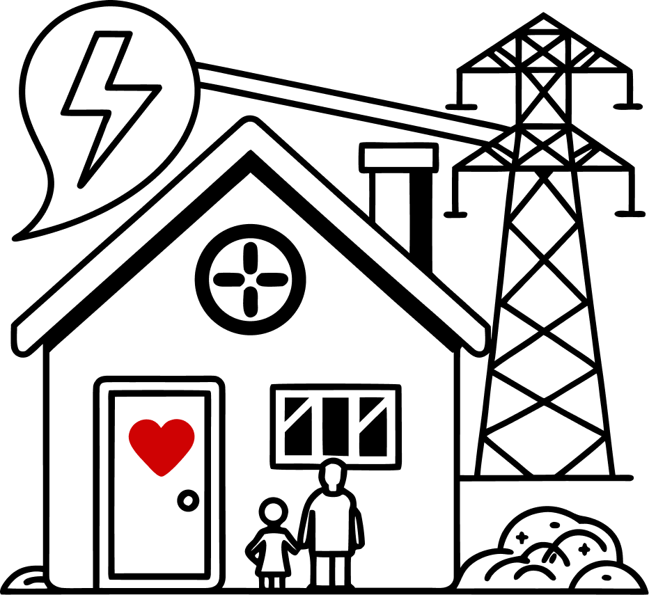 A stylized black-and-white illustration of a house with a heart on the door, two people holding hands in front, a window, and a circular vent. There is a power line tower and a speech bubble with a lightning bolt symbol in the sky.