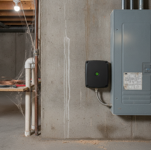 modern whole-house surge protector mounted beside electrical panel