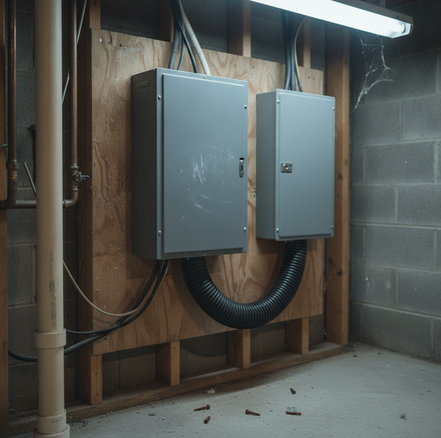 standby generator installed beside a house at dusk