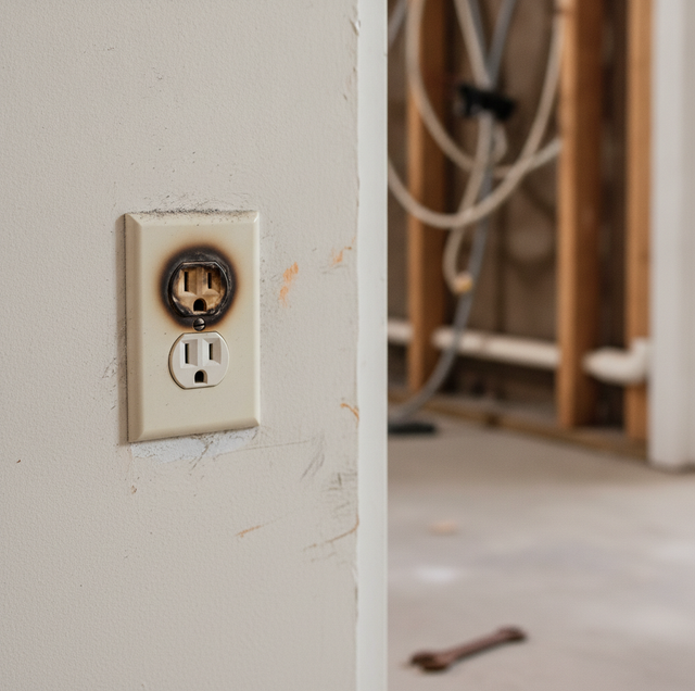 old electrical wall outlet with scorch marks and cracks