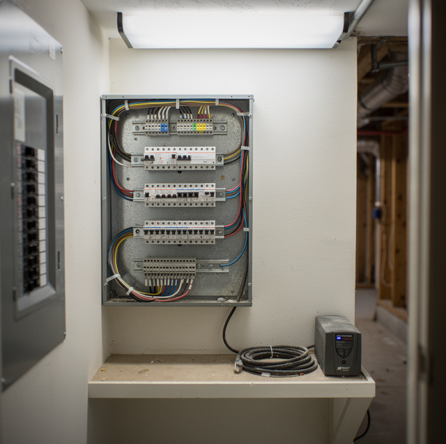 Electrical panel with circuit breakers and wiring mounted on wall above shelf with power supply unit.