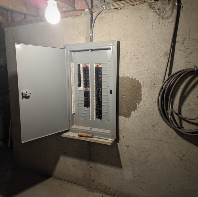 Open residential electrical panel with labeled circuit breakers