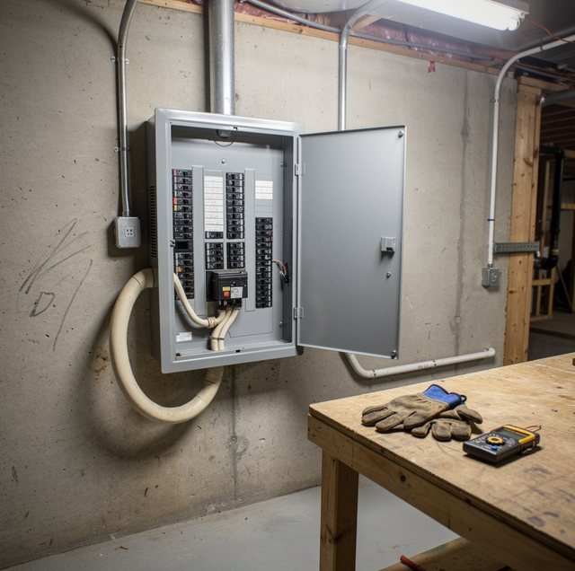 Open residential electrical panel with doubled up breakers