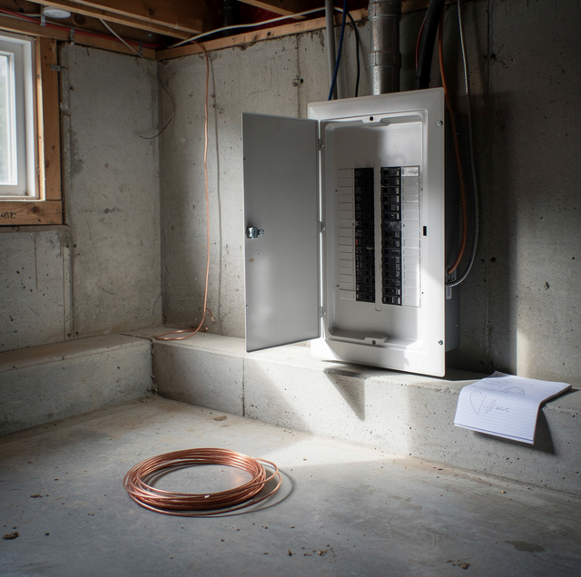 Whole-home standby generator beside house with transfer switch