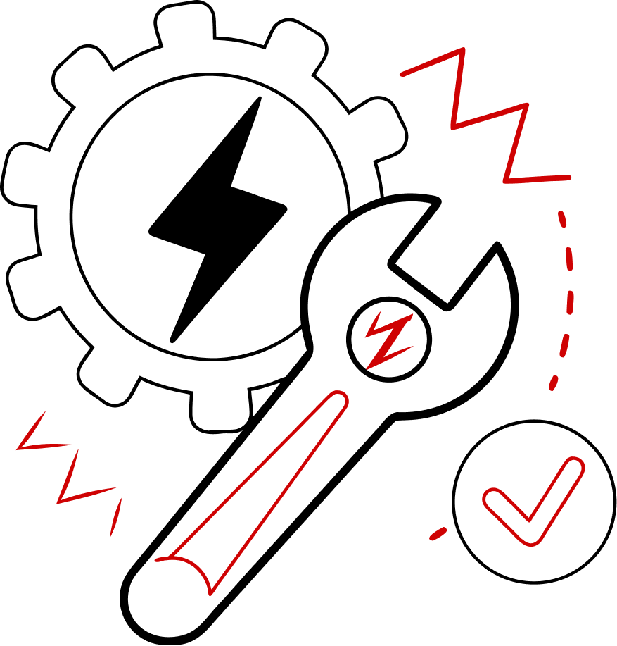 A stylized graphic of a gear with a lightning bolt inside it, a wrench with a sleep symbol, red zigzag lines indicating alarm or stop, and a checkmark symbol.