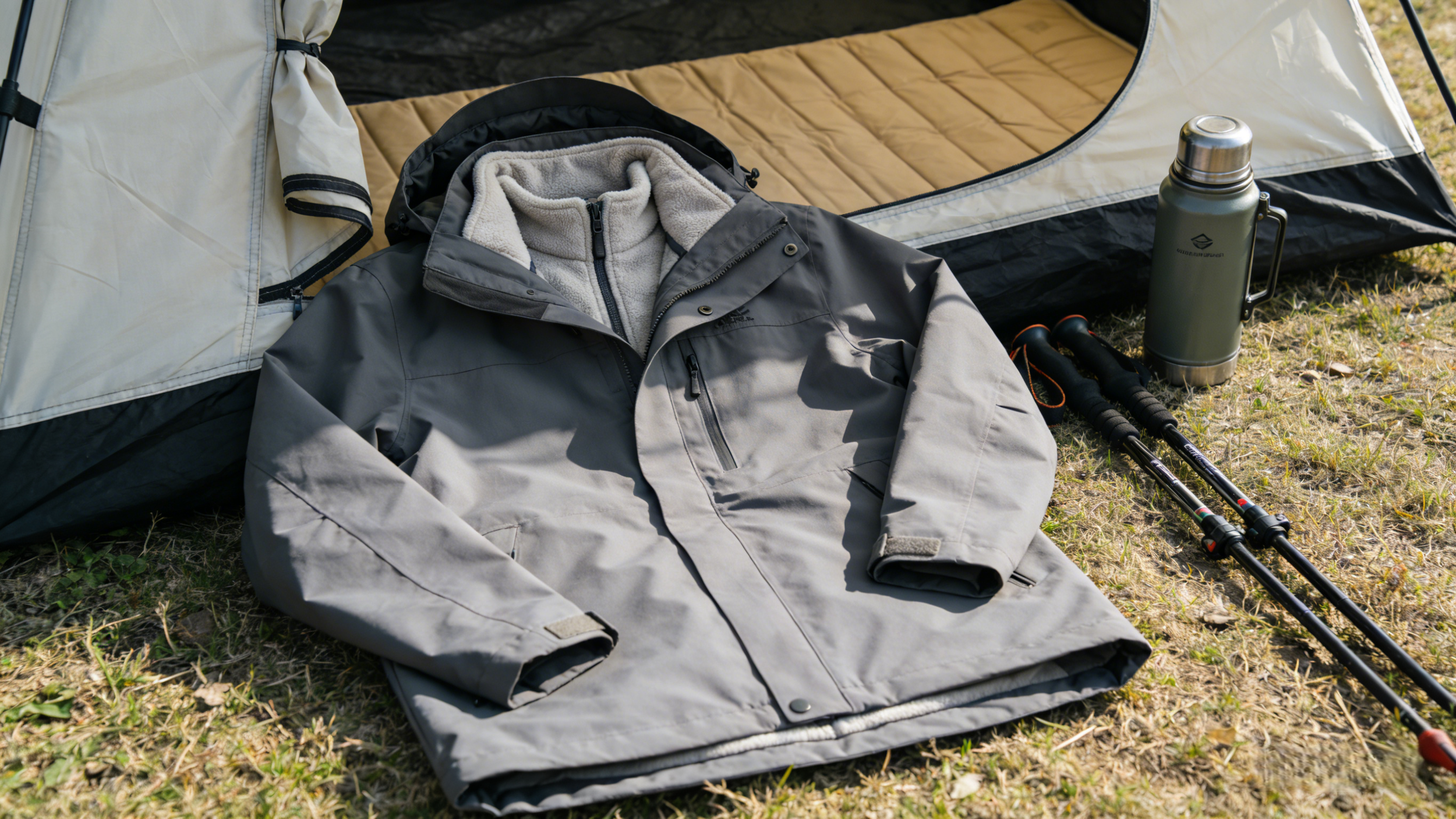 Outdoor camping gear laid out on grass including a tent, a gray jacket with a fleece lining, a thermos, and a pair of trekking poles.