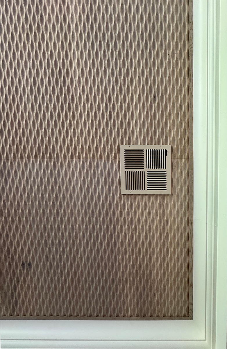 This textured ceiling was fabricated by a local artisan of Oahu and flown to Lanai City for install. Ceiling vents were custom painted to blend into this fun ceiling.