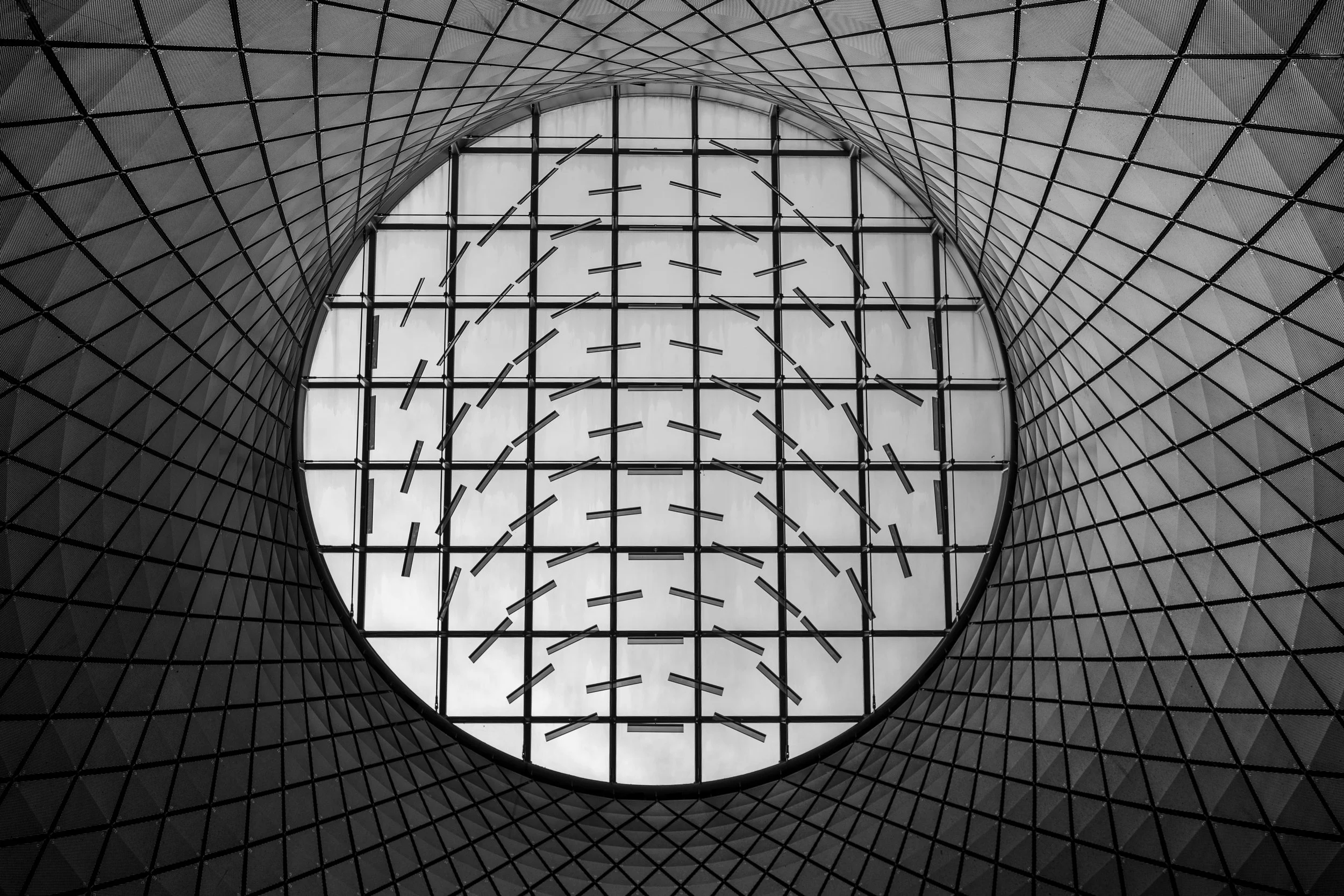 Looking up through a modern building's glass ceiling, seen from inside, with curved metal framing and a geometric grid pattern.
