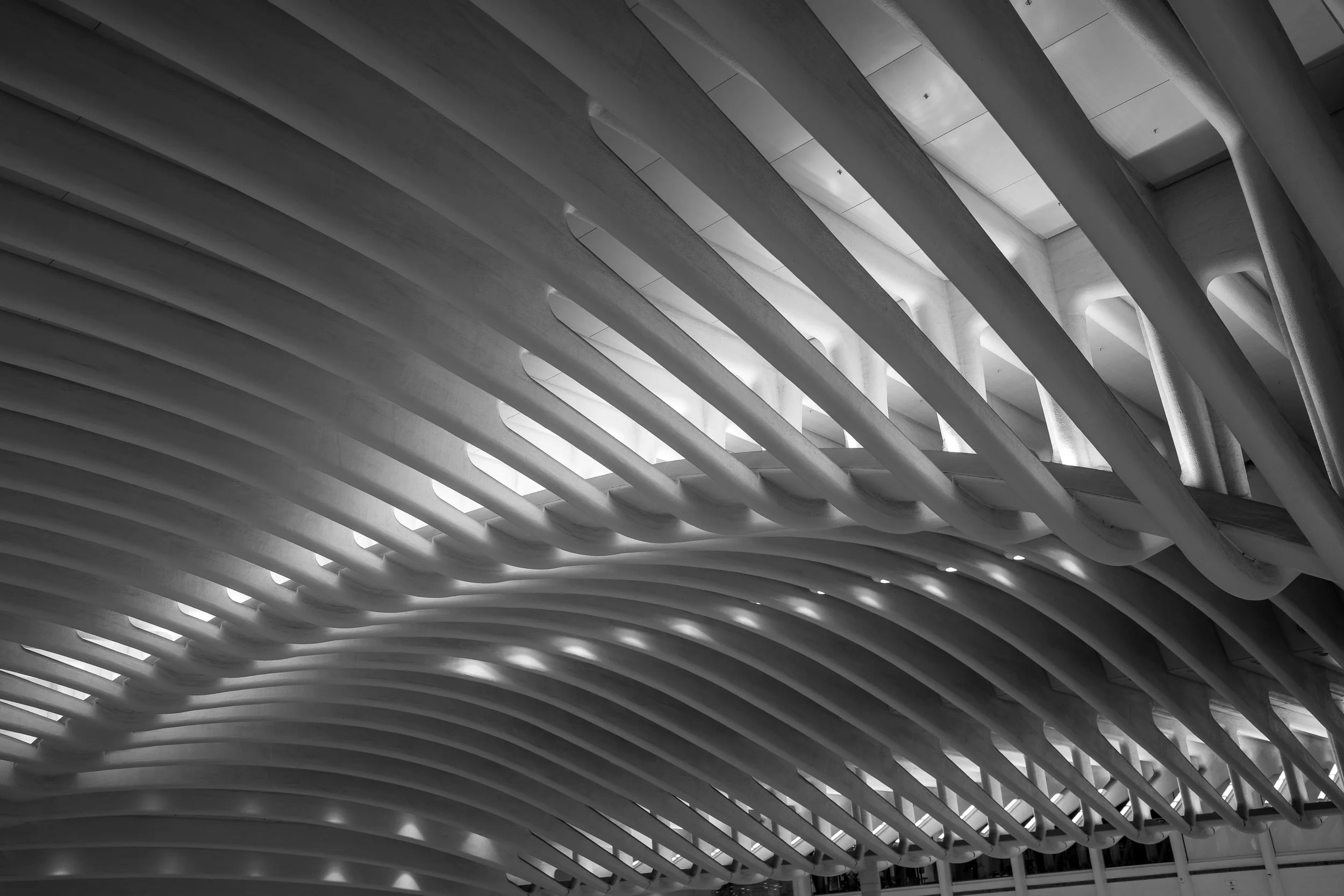 Interior view of a modern architectural structure with repeating curved white beams and openings allowing light to pass through, creating an intricate pattern.