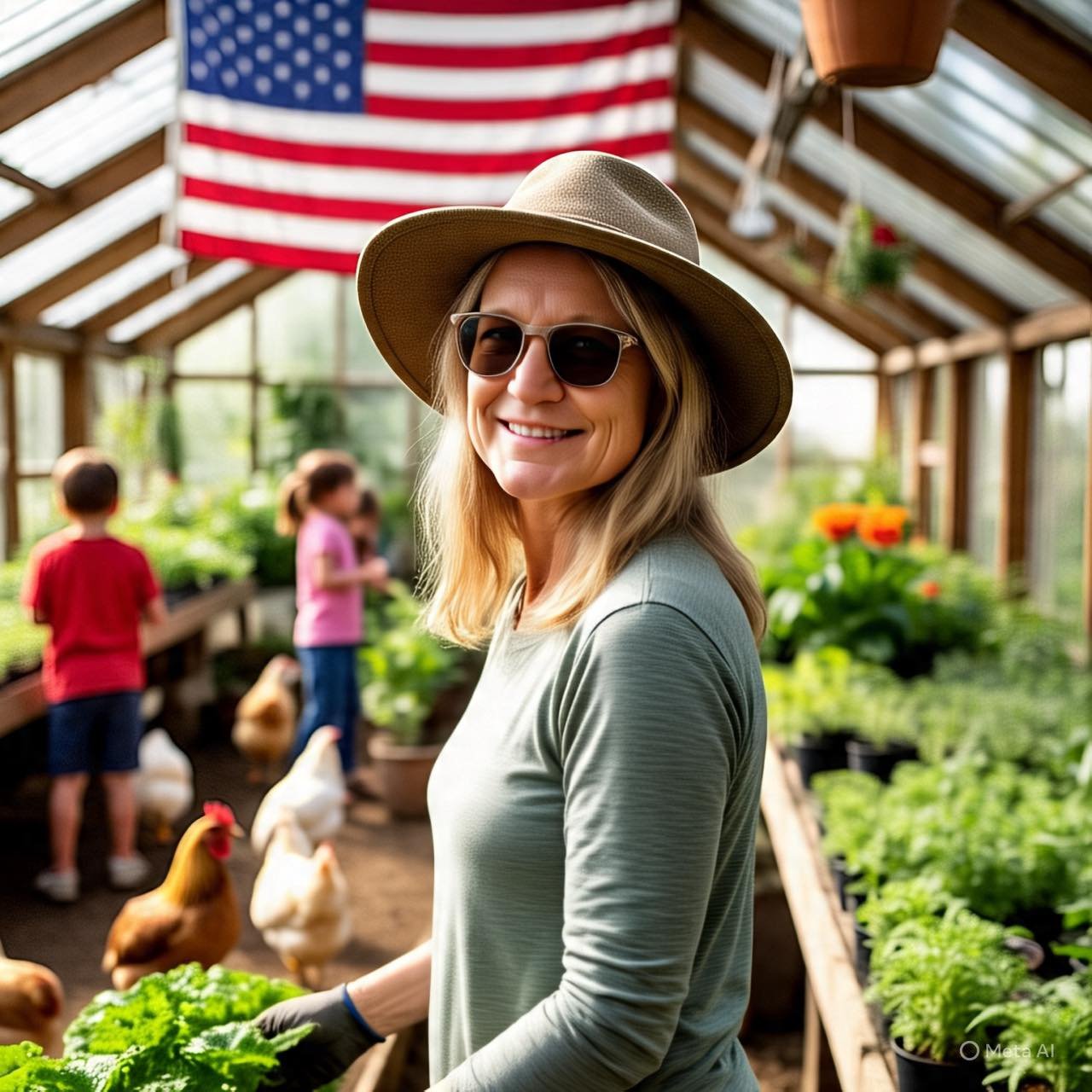 Smiling woman in sunglasses and wide-brimmed hat working in a greenhouse surrounded by children and chickens, with an American flag hanging in the background.