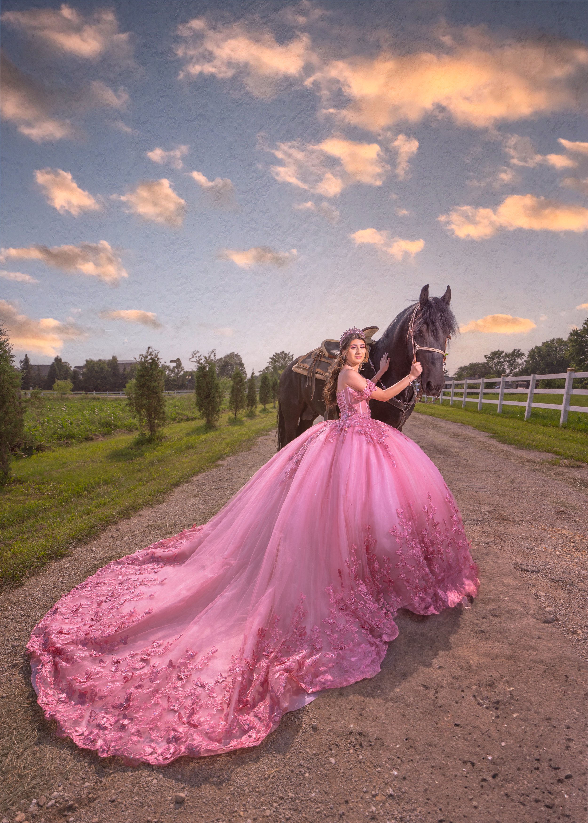 A young woman in a pink, ornate ball gown with a long train stands on a dirt road, holding the reins of a black horse. The background features a fenced pasture with trees and a blue sky with wispy clouds during sunset.