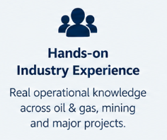 Icon of three people above text about hands-on industry experience in oil, gas, mining, and major projects.