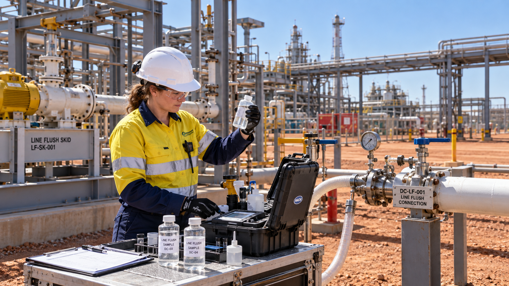 A female worker in safety gear, including a yellow and navy uniform, helmet, and gloves, is conducting tests with samples at an oil or gas facility. She is handling testing equipment and samples labeled 'Line Flush Sample' on a table, with an industrial plant and pipeline infrastructure in the background.
