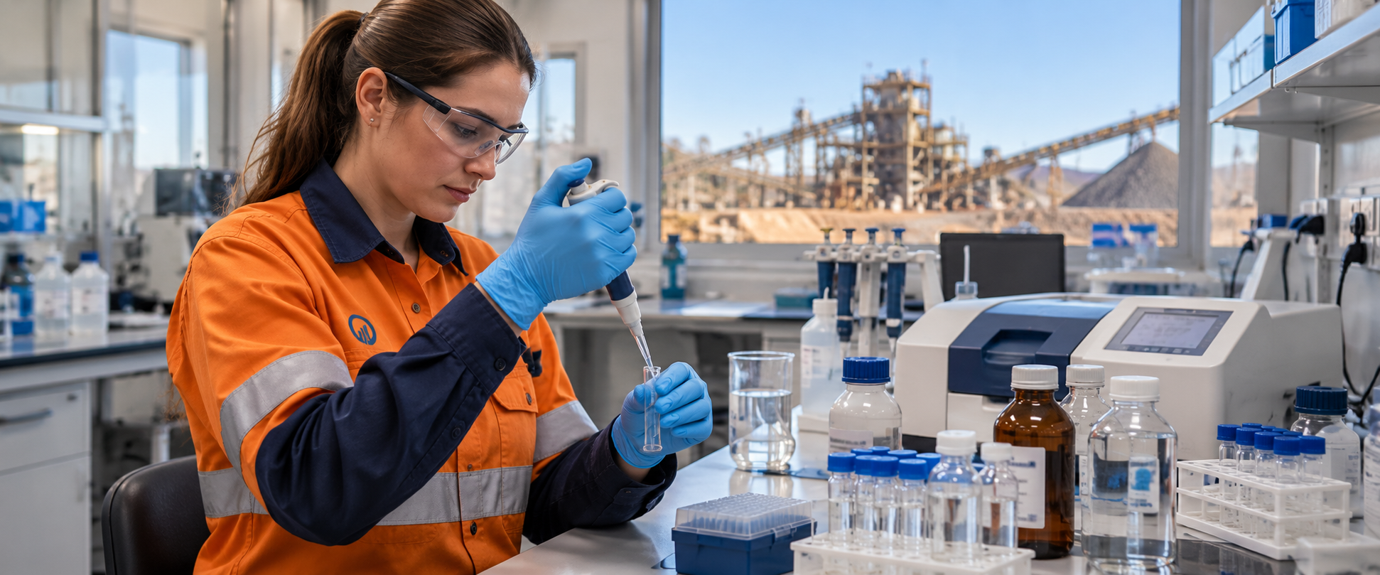 A female scientist in an orange and navy lab coat working with a pipette and test tubes in a laboratory with scientific equipment and industrial plant visible outside the window.