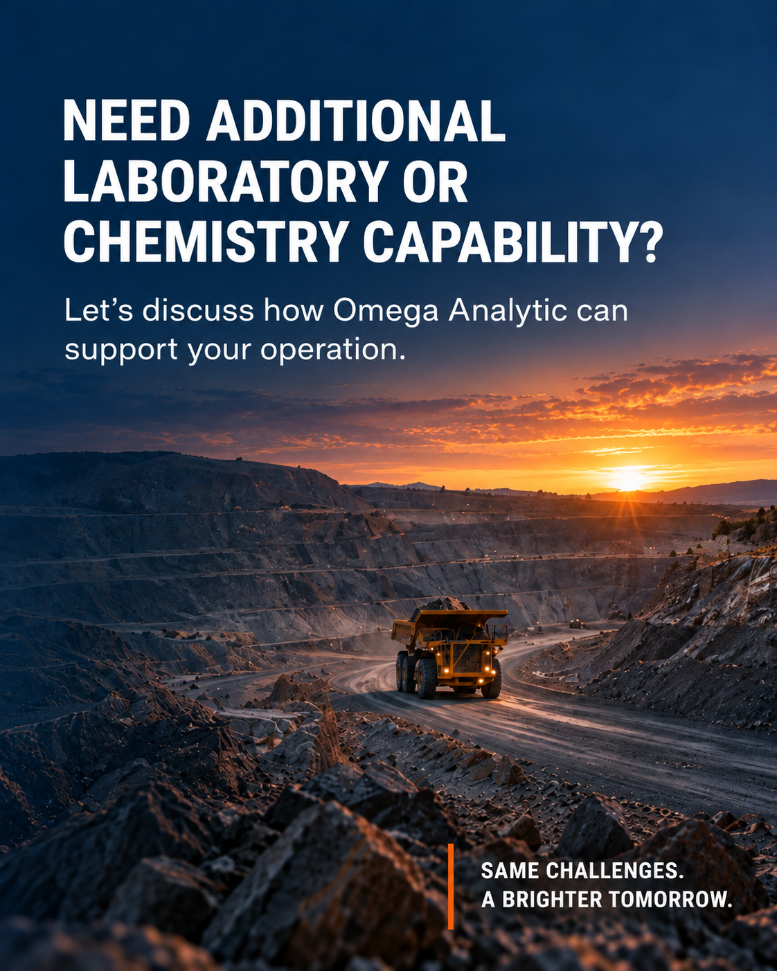 A mining truck driving through a rugged landscape at sunset with a partly cloudy sky, promoting Omega Analytic's laboratory or chemistry support services.